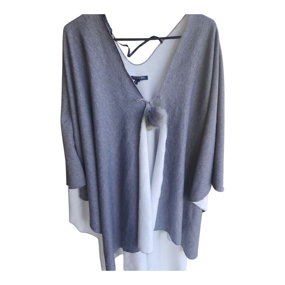 Marc New York Gray & White Cape with Faux Fur Pompoms One Size NWT